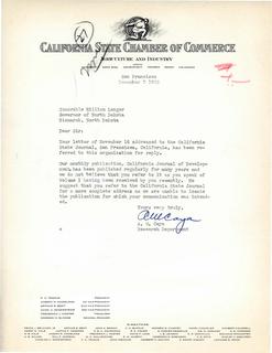 A. M. Caya of California State Chamber of Commerce Replies to Governor Langer's Letter, 1933