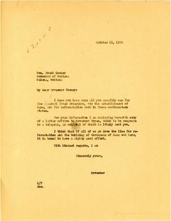 Letter to Montana Governor Cooney from Governor Langer Regarding Missouri River Diversion and Reforestation, 1933