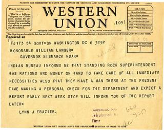 Telegram From Senator Lynn Frazier to Governor Langer regarding Standing Rock Indian Reservation, 1934
