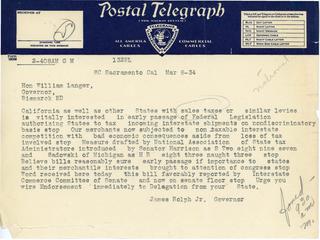 Telegram from California Governor James Rolph Jr. to Governor Langer Regarding Sales Tax on Incoming Interstate Shipments, 1934