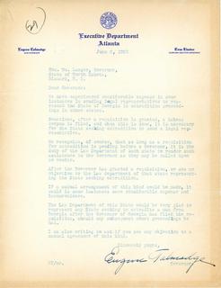 Telegram from Georgia Governor Talmadge to Governor Langer Regarding Legal Representation in Extradition Proceedings, 1933