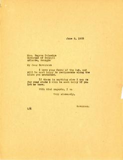 Governor Langer's reply to Georgia Governor Talmadge's Telegram Regarding Legal Representation in Extradition Proceedings, 1933