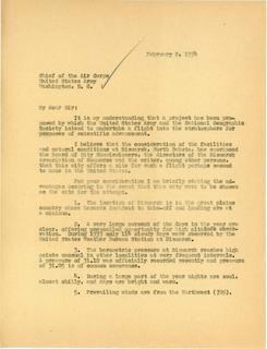 Letter from Governor Langer to Chief of the Army Air Corps Regarding Stratospheric Research Flight, 1934
