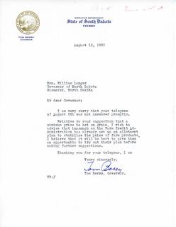 Telegram from South Dakota Governor Tom Berry replying to Governor Langer's telegram of 5 August Concerning a Minimum Price for Grain, 1933