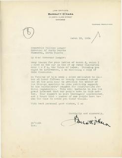 Barratt O'Hara's reply to Governor William Langer's letter of March 2, 1934