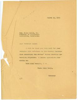 Governor Langer Reply to California Governor James Rolph's Telegram Regarding Sales Tax Legislation, 1934