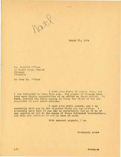 Governor William Langer Reply to Barratt O'Hara's letter of  March 10, 1934