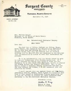 Letter from State's Attorney King to Governor Langer regarding Edna Rehak vs International, 1938