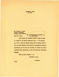 Letter from Governor Langer to State's Attorney King regarding Edna Rehak vs International 1938