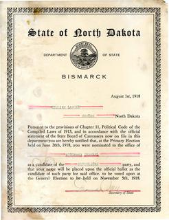 Certification of Nomination of William Langer For North Dakota Attorney General in General Election, 1918