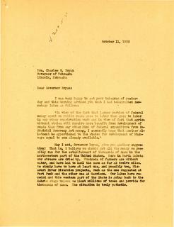 Letter regarding Water Issues from Governor Langer to Nebraska Governor Bryan, 1933