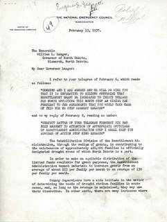 Letter from Eugene S. Leggett to Governor Langer Regarding Size of Resettlement Grants 1937