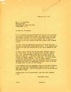 Letter from Governor Langer to Dr. W. W. Alexander, Administrator of the Resettlement Administration, 1937