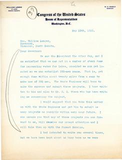 Letter from US Congressman William Lemke to Governor Langer Regarding Building of Check Dams, "Mexican Property," 1933