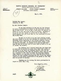 Letter from State Forester Francis E. Cobb to Governor Langer Regarding Arbor Day Observance, 1933