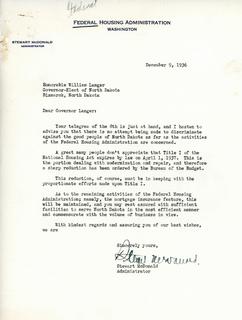 Letter from Federal Housing Administration Administrator Stewart McDonald replying to Telegram from Governor-Elect Langer Regarding National Housing Act