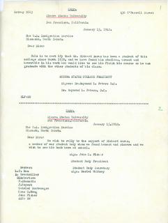 Two Letters from Sierra States University President and Student Leaders to the United States Immigration Service in support of Student Richard Auras, 1942