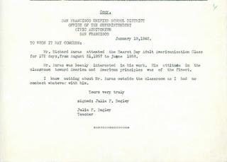 Letter from Julia F. Begley, Teacher, Regarding Richard Auras's attendance in Americanization Class, 1942