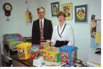 "United Day Nursery. Director Suzie Thorson + Alan Draves with donated toys."