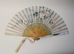 Fan, Hand painted Asian landscape with pink roses on vellum by Maker Unknown