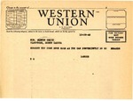 Telegram from Senator Langer to Martin Cross Requesting Cross Come to Washington, October 29, 1945