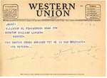 Telegram from Ira Waters to Senator Langer Asking if Martin Cross has Arrived as He is Their Delegate, April 22, 1949