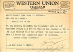 Telegram from Martin Cross to Senator Langer Asking Langer to Vote Favorably on Senate Bill 51 and to Approve the Confirmation of Wesley D'Ewart for Assistant Secretary of Interior, January 13, 1956