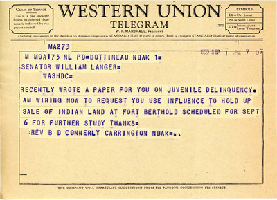 "Telegrams from B. D. Connerly et al. to Senator Langer Opposing Sale o