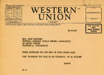 Telegram from Senator Langer to John Hamilton Regarding Floyd Montclair’s Visit to Washington, October 13, 1945