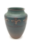 C CBL 100-0633, Blue, blue, brown ombré vase with iris motif by Margaret Kelly Cable