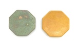 Octagonal Shaped Miniature Ceramic Test Tiles, Green and Gold by Makers Unknown
